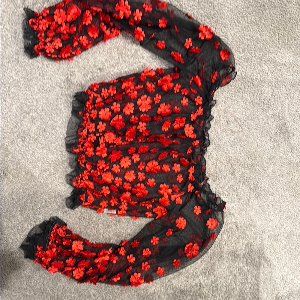Fashion Nova Black and Red Ruffled Embellished Blouse